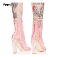 boots women mesh clear heel boots crystal heels chunky zipper female shoes sexy botas mujer 2020 breathable shoes pointed toe