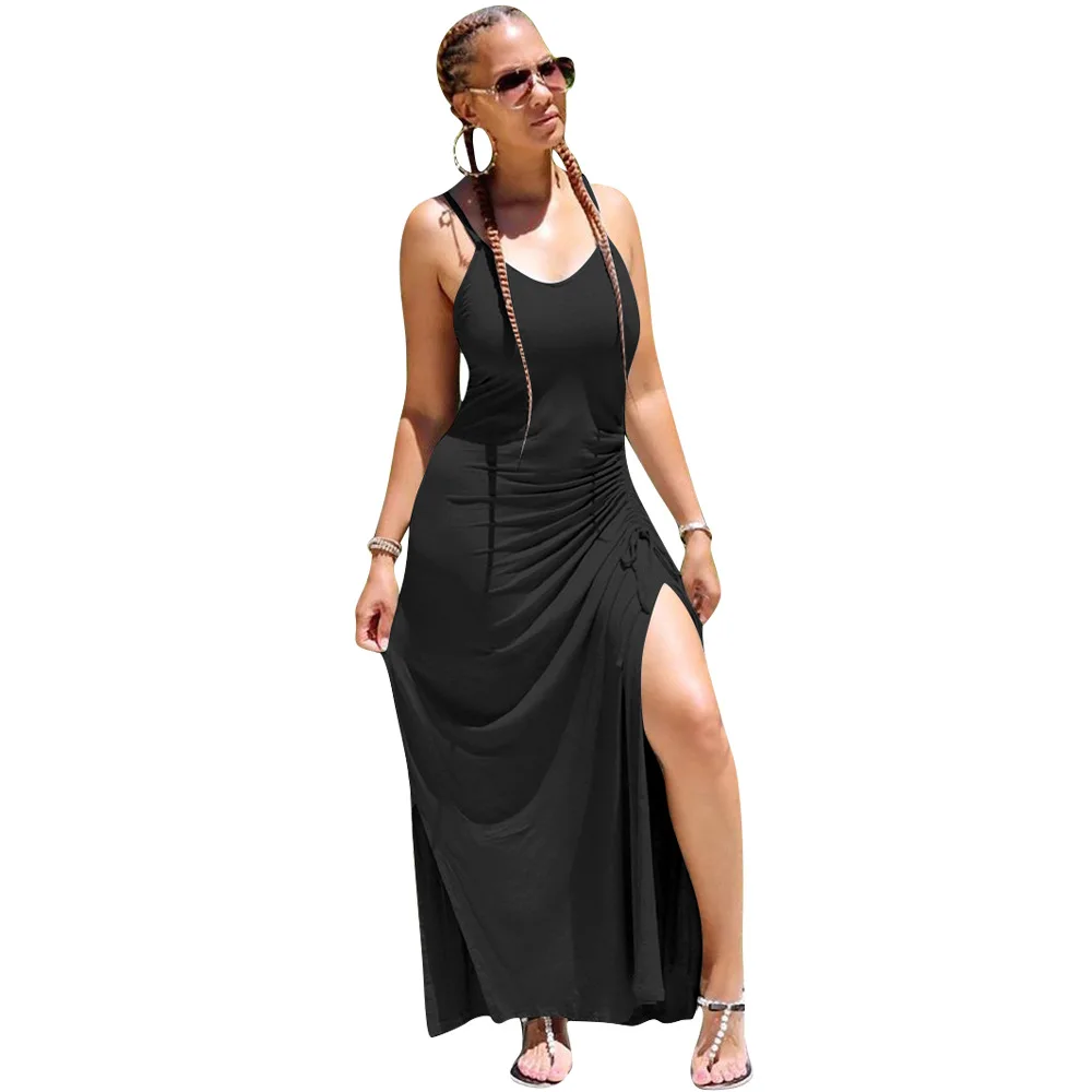 

2020 Summer New Dress Women 's Sexy Tight Solid Color Slit Pleated Dress European and American Clothes