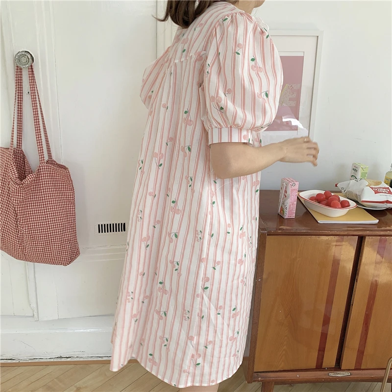 

2021 Hot All Match Sweet Pink Femme Striped Girls Pajamas Loose Sleepwear Nightdress Summer Soft Florals Print Dresses
