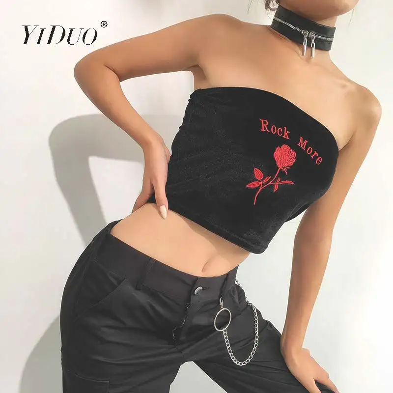 YiDuo Harajuku &quotROCK MORE" Цветочная вышивка черный бархат укороченный топ женские