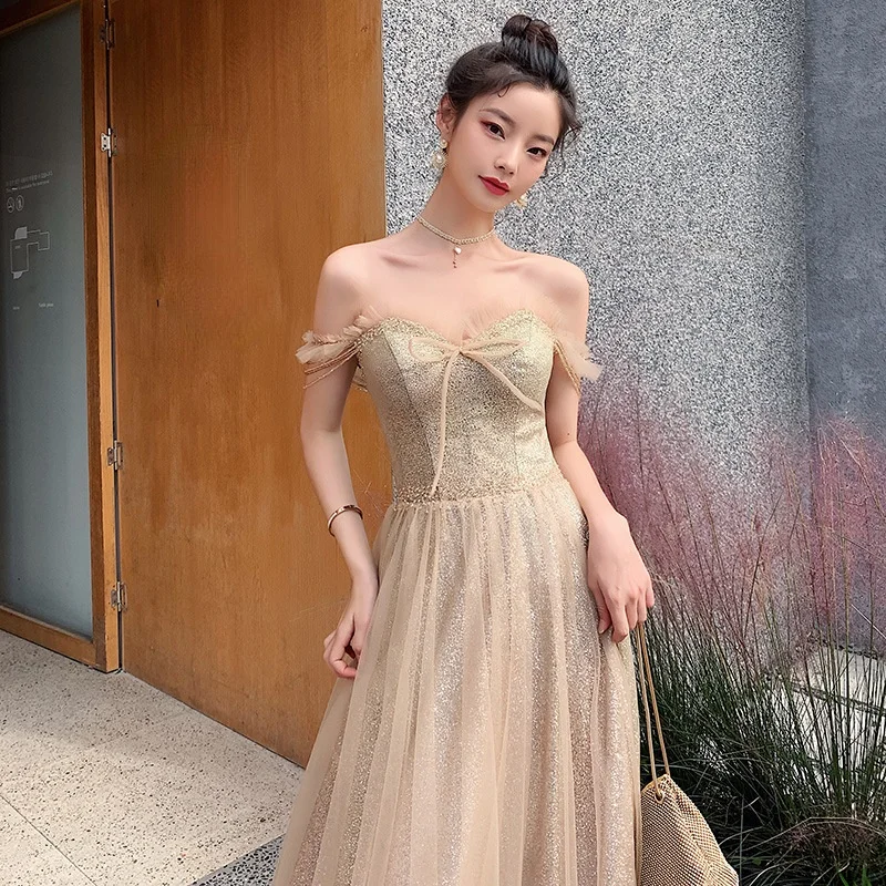 

2021 Golden sequin princess evening dress female banquet annual meeting host ball gown dress one-shoulder fairy prom dress A206