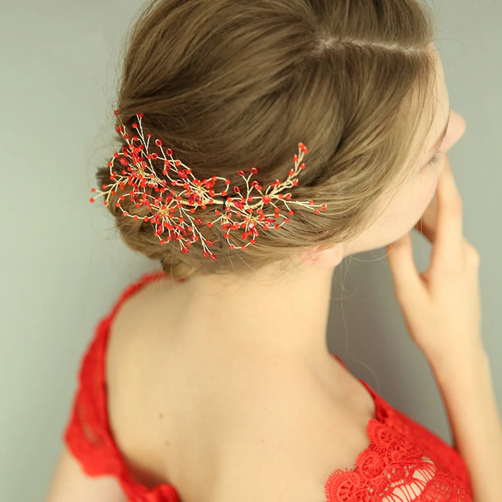 

YOUYOU BRIDE Handmade Red Crystal Flower Headbands Bridal Hair Vine Jewelry Hair Accessories Ornaments Wedding Tiaras For Bride