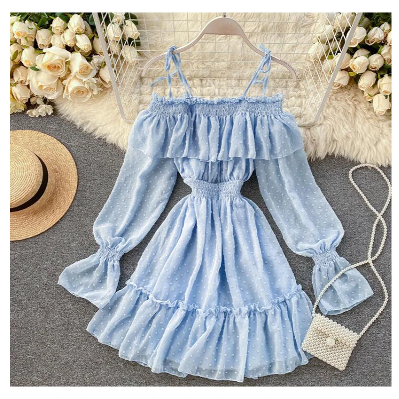 

Women Ruffle Knee Dress Summer Elegant Romantic Korean Dress Off Shoulder dress PP-285