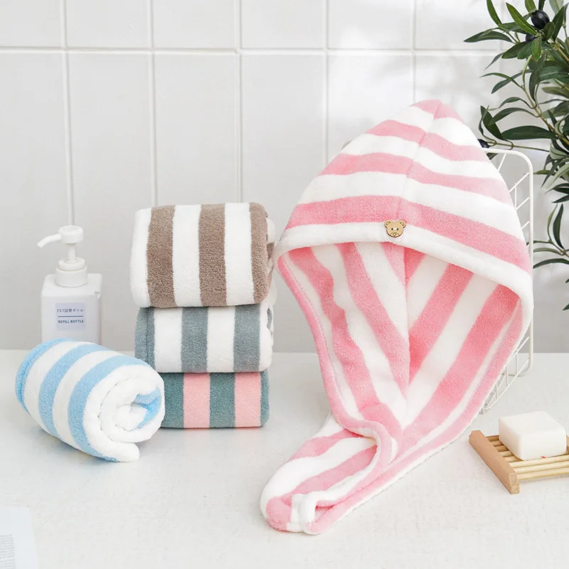 

hair towel Quick Drying Cap Bathing Cap Bath Hat Shower Cap Stripe Soft towel hair with Button Coral Velvet soft Microfiber New