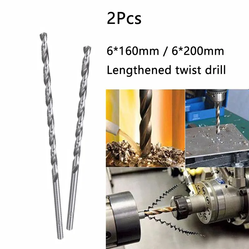 

2Pcs Diameter 6mm Extra Long HSS Straight Shank Drill Bit 160/200mm HSS Special Long Twist Drill Wood Metal Drilling Tool