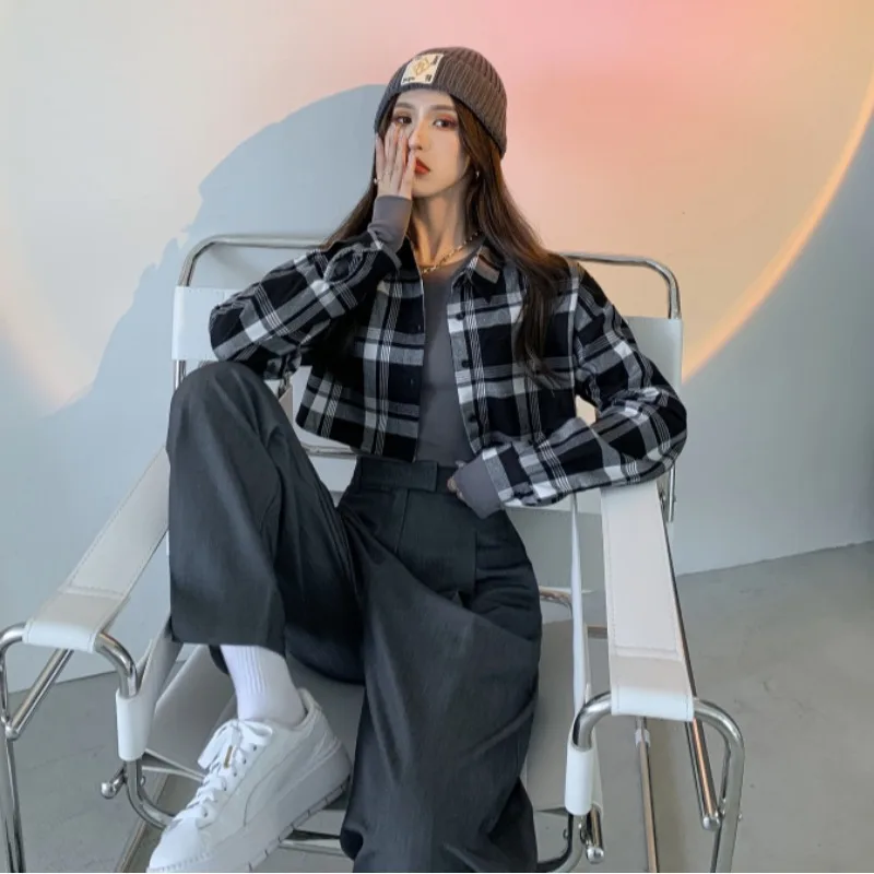 Женская рубашка в шотландскую клетку весенне осенняя с длинным рукавом новинка