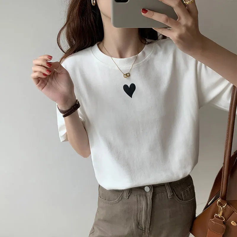 

Hirsionsan Simple Heart Graphic T Shirts Women Basic Solid Color Loose Cotton Tees Summer Casual Harajuku White Female Tops