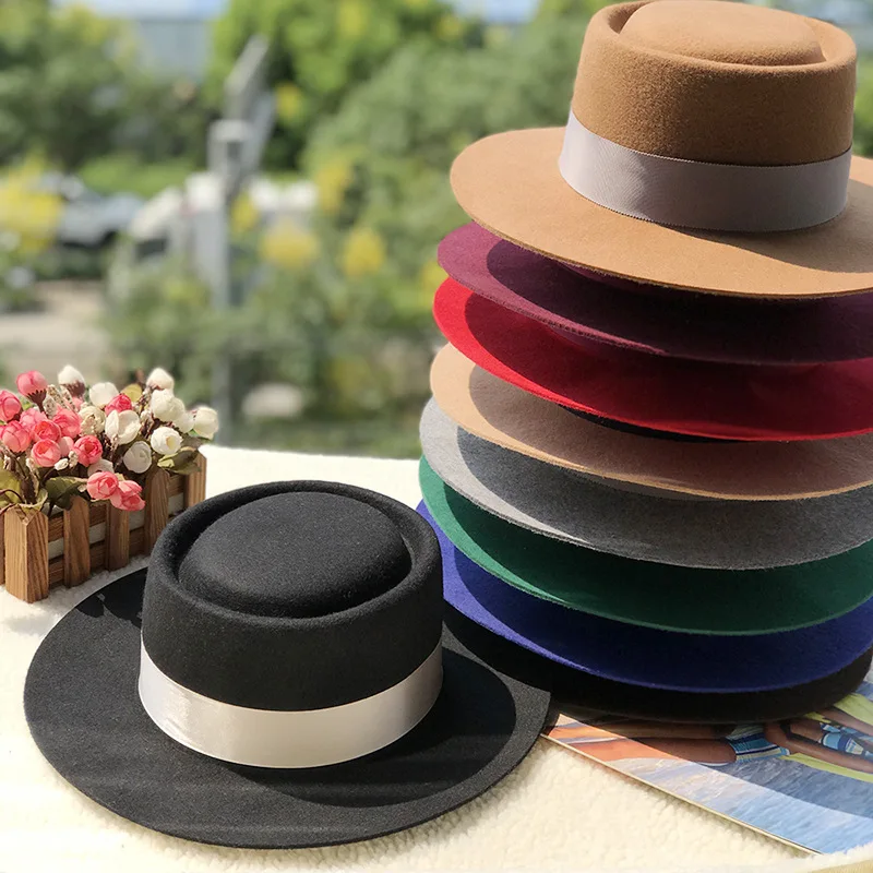 

New Women Wide Brim Wool Felt Jazz Fedora Hats Panama Style Ladies Trilby Gambler Flat Top Hat Fashion Party Cowboy Sunshade Cap