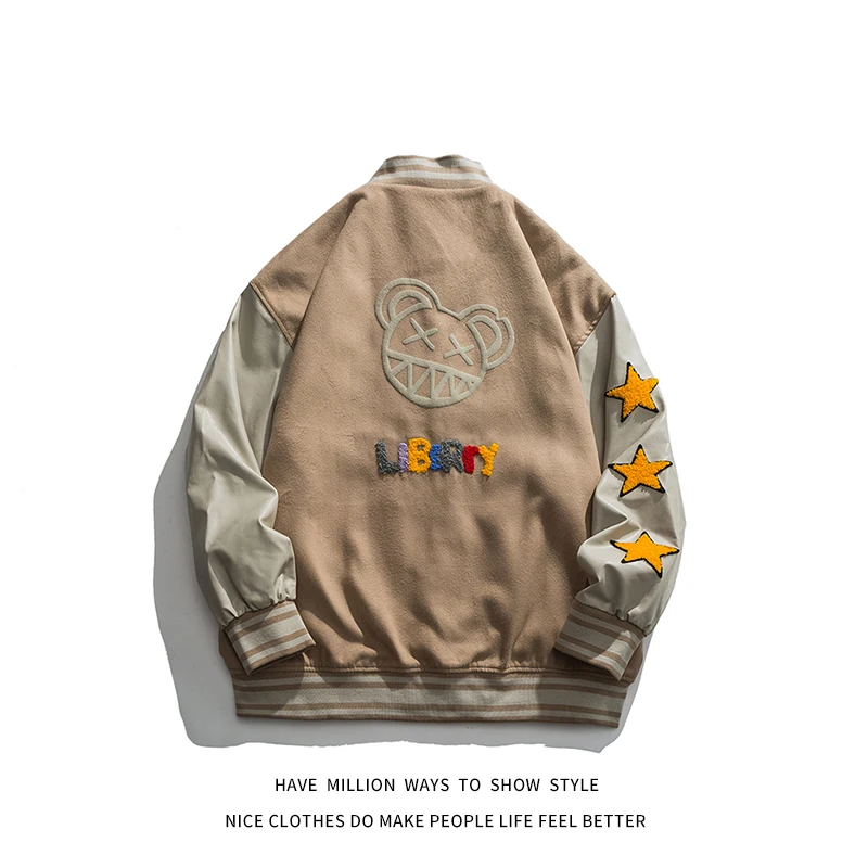 

New Arrival Autumn And Spring Bear Star Letterman Embroid Oversize Men's Baseball Patchwork Jacket Unisex Women's Varsity Bomber