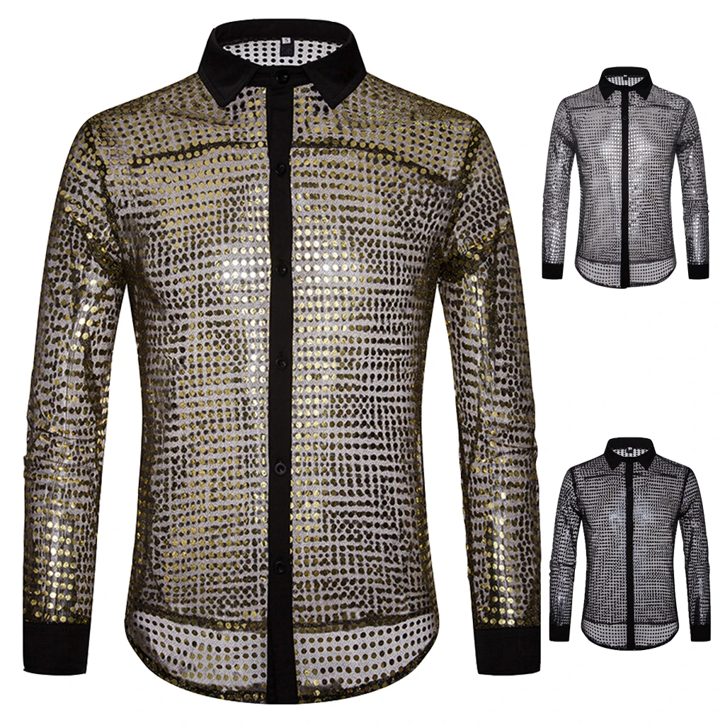 

European and American men's autumn and winter models polka dot scales nightclub costume design men's long-sleeved lapel shirt