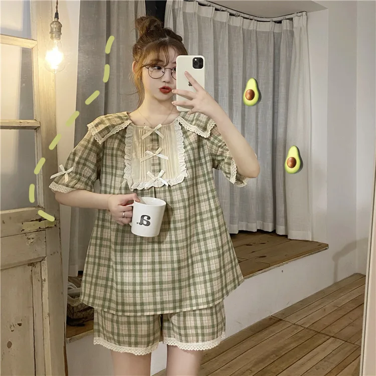 

Summer pyjamas women stitching doll collar short sleeve pajamas set high waist loose wide leg pant sleepwear suit new pijamas