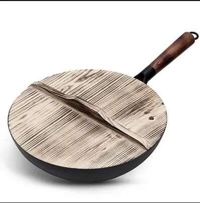 Wooden cover and pot Деревянная крышка ручной работы железный горшок 32 см без покрытия для здоровья вок антипригарная сковорода газовая плита индукционная плита Универсальная - Цвет: Wooden cover and pot