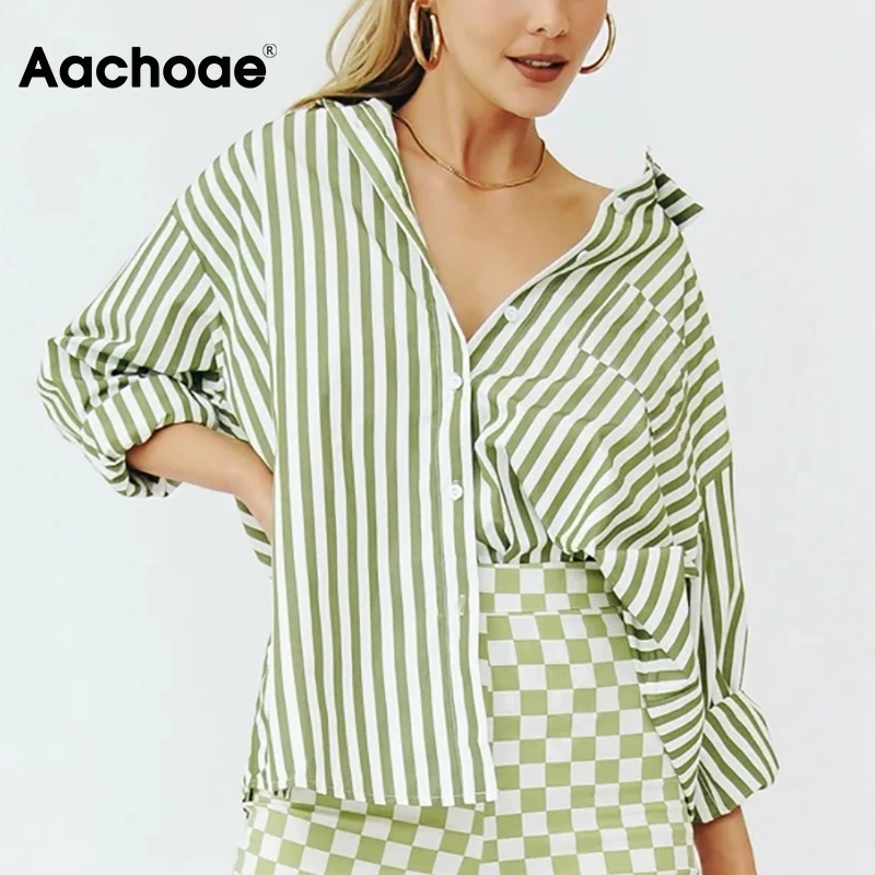 

Aachoae Women Chic Striped Printed Shirts Casual Turn Down Collar Long Sleeve Blouses Shirts Female Fashion Streetwear Tops
