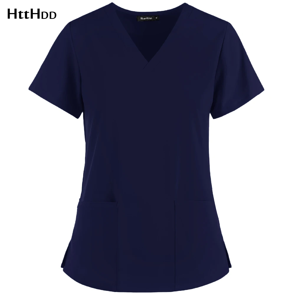 

New Nurse Uniform Clinical Women Short Sleeve V-neck Solid Color Top Nursing Work Uniform T-shirt Uniform Clinicos Mujer Pocket