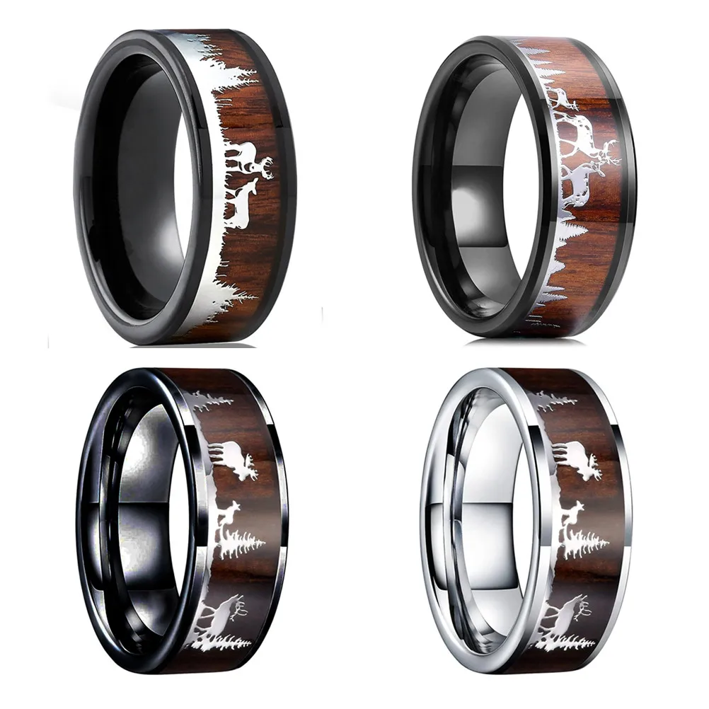 

Classic 8mm Men's Black Stainless Steel Wild Life Hunting Ring Koa Wood Inlay Deer Family Silhouette Steel Ring Men Wedding Band