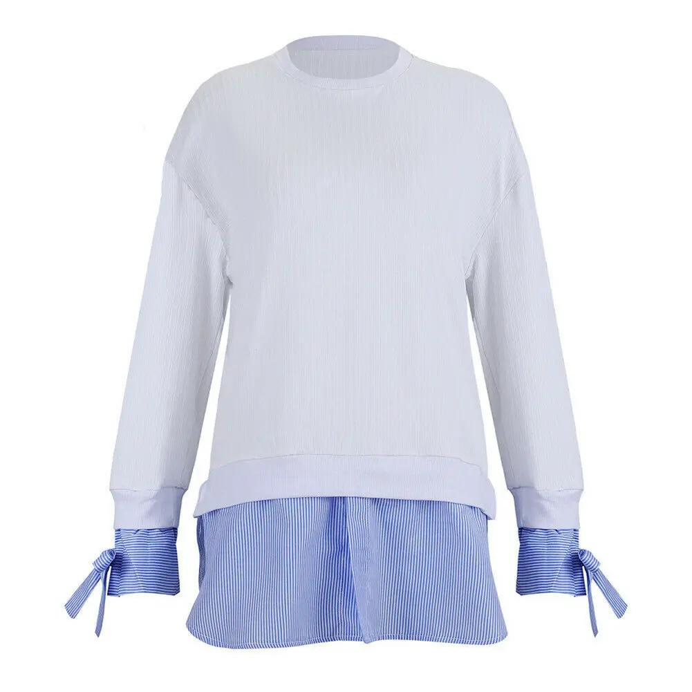 Женская белая и синяя полосатая Лоскутная футболка с длинным рукавом Мешковатые
