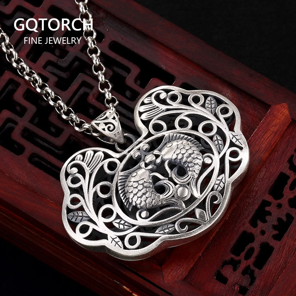 

990 Pure Silver Double Fishes Pendant Hollow Antique Pendant Necklace Gifts For Women Fine Jewelry Pendulo