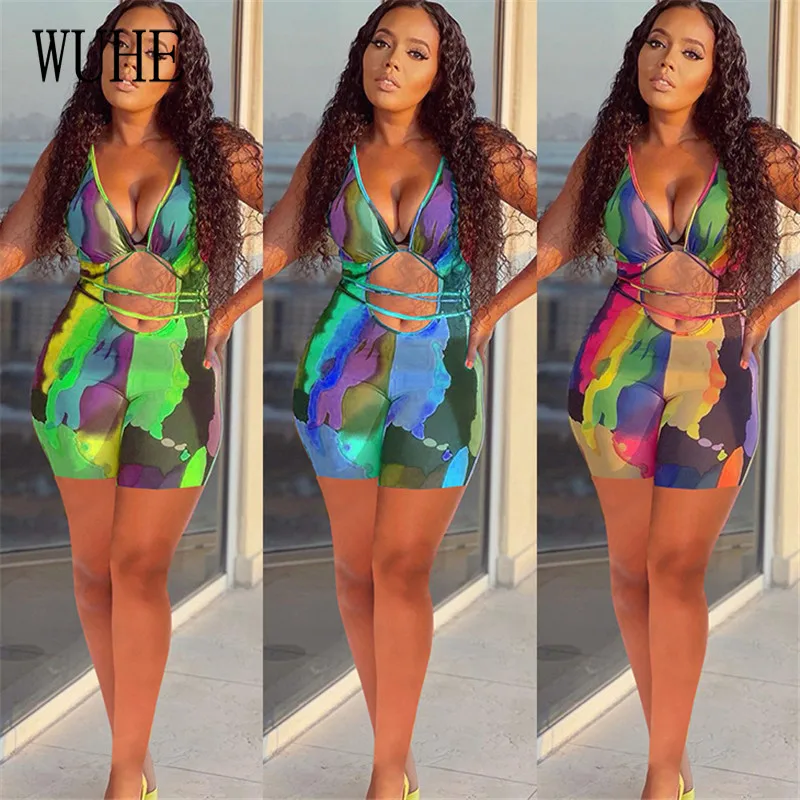 

Разноцветные комбинезоны WUHE с принтом, бандажные сексуальные комбинезоны на шнуровке с глубоким V-образным вырезом, открытыми плечами, без ...