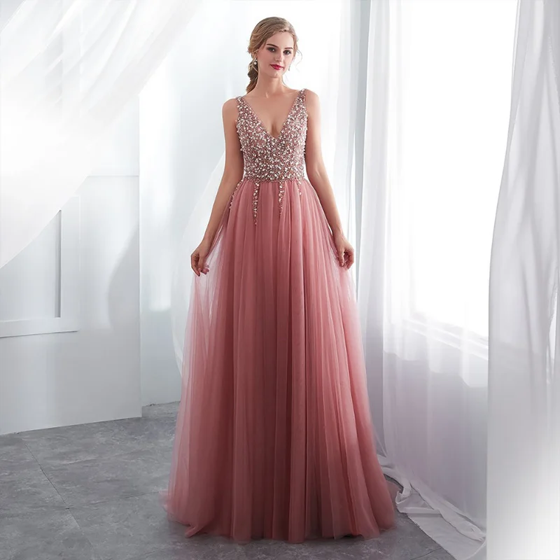 

Women V-neck Sexy Dress Summer 2019 sleeveless Sexy Crystal Beading Split Long Dresses Floor Length Evening Solid Color Dress