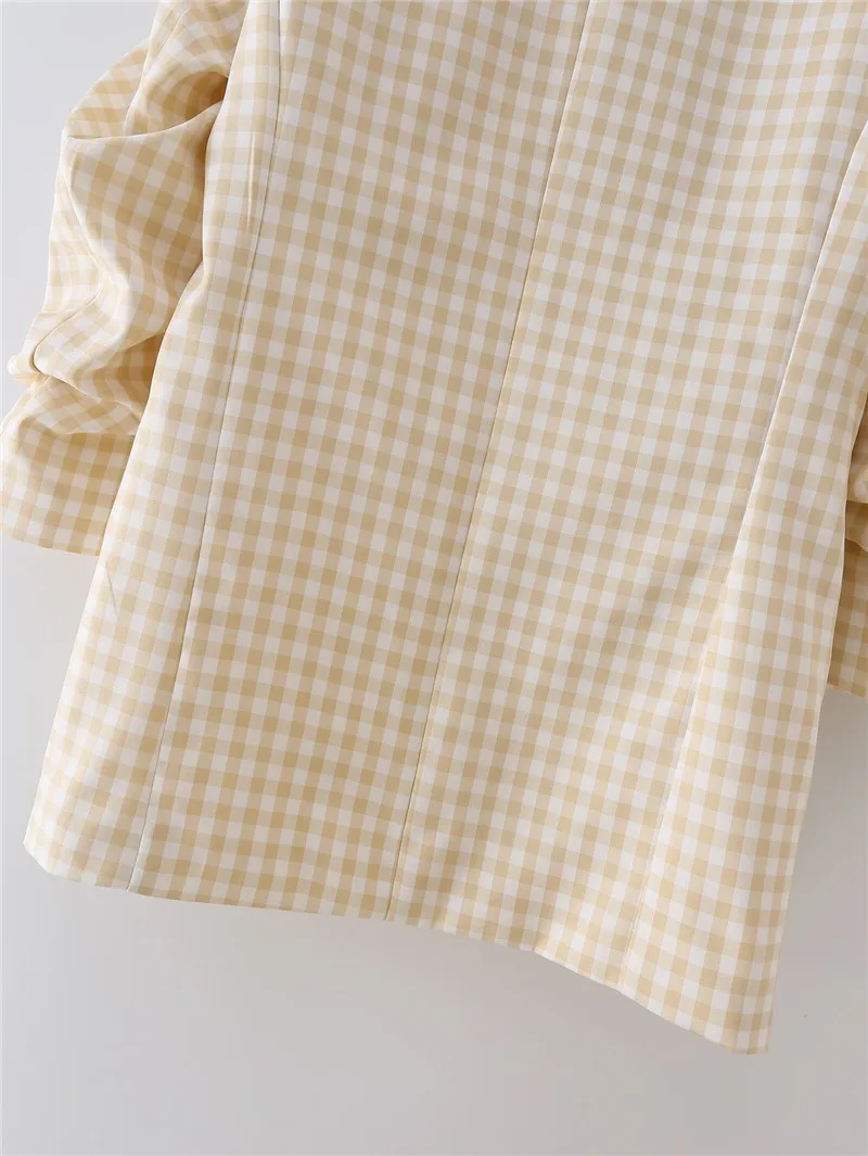 

TMODA1425 Za Summer Women Fashion Office Wear Basic Plaid Blazer Coat Vintage Pleated Sleeve Pockets Female Outerwear Chic Tops