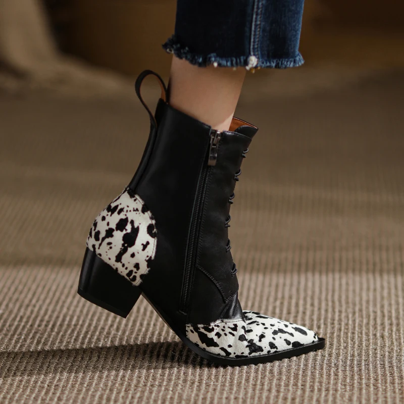 

2021 Winter Newest Genuine Leather Mixed Colors Ankle Boots Pointed Toe Shoes Woman Concise Design dress party Boots