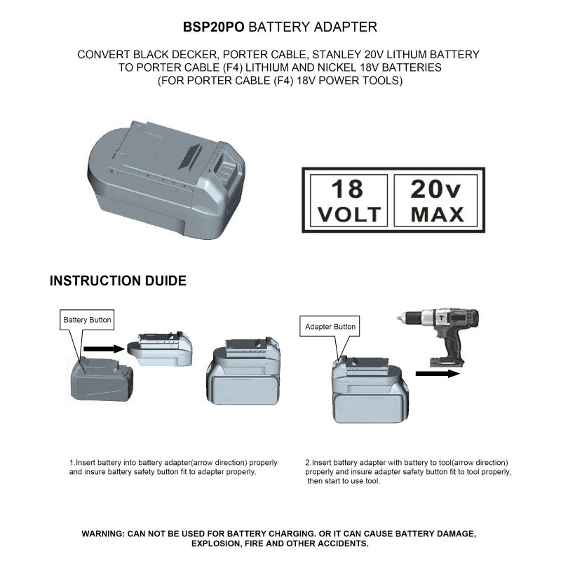 

BPS20PO 20V To 18V Battery Convert Adapter For Black Decker/Stanley/Porter Cable For Porter Cable 18-Volt Power Tools