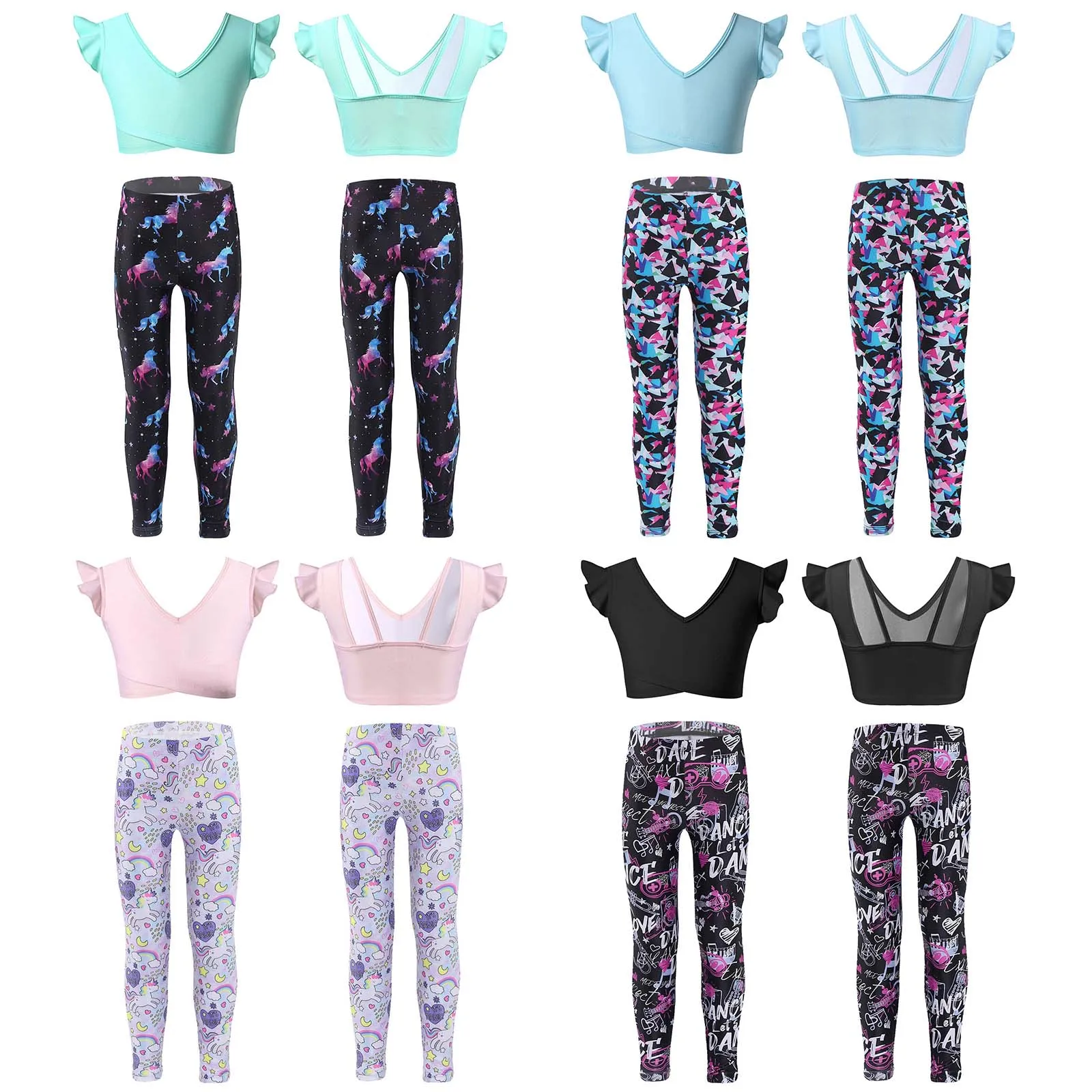 

Girls Outfits Activewear V Neck Ruffle Sleeveless Sports Tops with Low-waist Leggings Pants Workout Clothes Running Gym Yoga Set