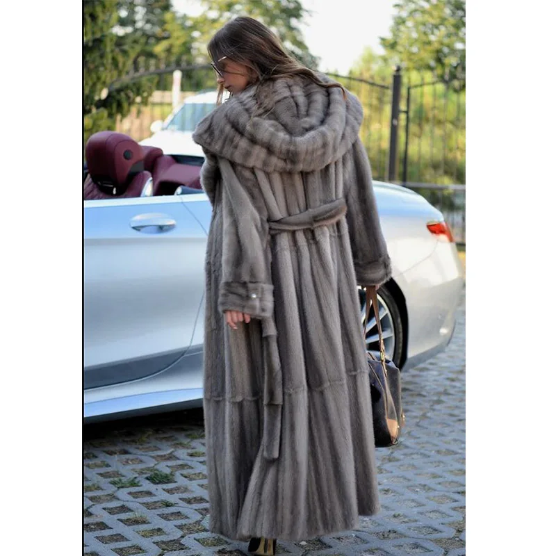 130cm Long Real Mink Fur Coats For Women High Quality Natural Full Pelt Mink Fur Coat With Hood Fashion Luxury Women Fur Outwear