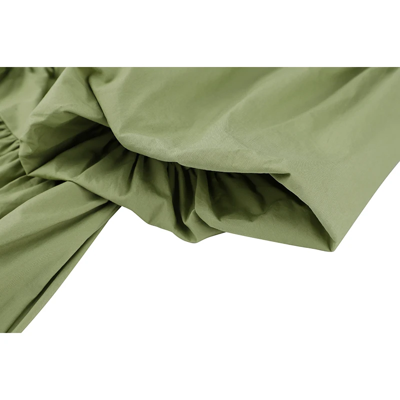 

Women Temperament Long Dress V Neck Pleated Drawstring Design Puff Sleeve Slim-Waist Solid Color Elegant Dresses 2021 Summer New