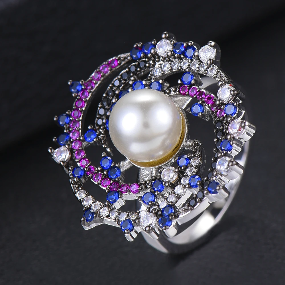 

Blachette Fashion Flower Hollow Shape Dubai Indian Finger Rings Charms Pearl for Women Wedding Ring Cubic Zirconia Jewelry