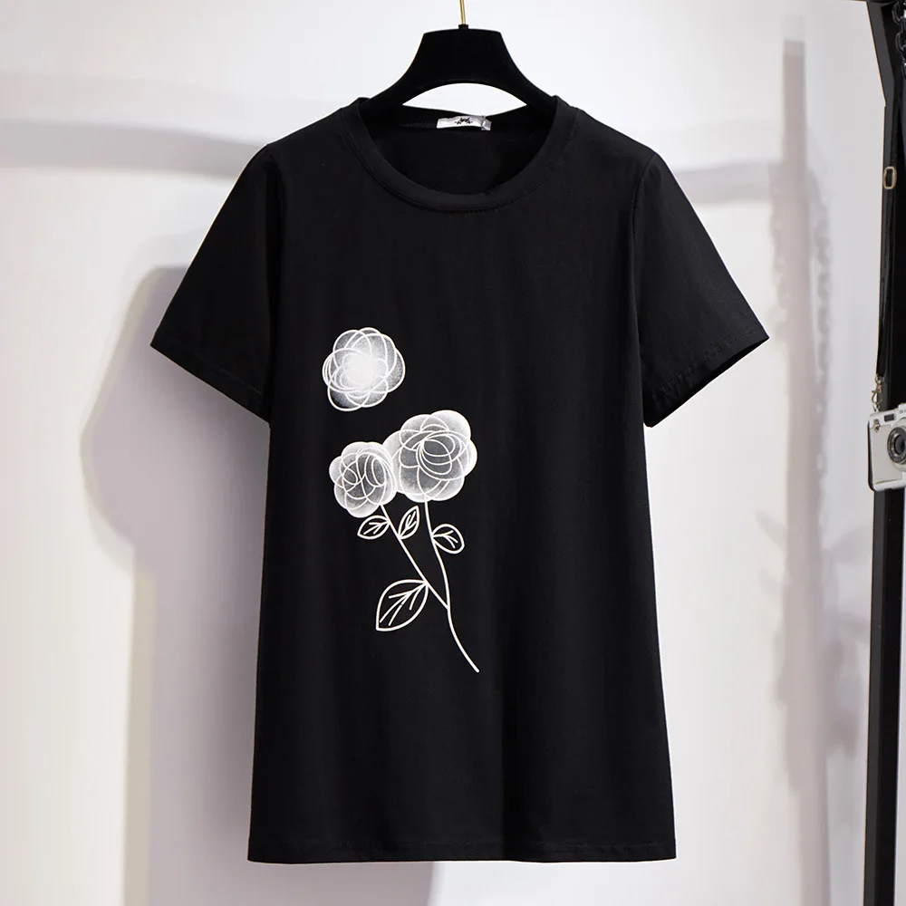 

Plus Size 3D Flower Summer Femme T-shirts Short Sleeve Harajuku Loose Black Tees Shirt Streetwear Gray Women Clothing Tops FY