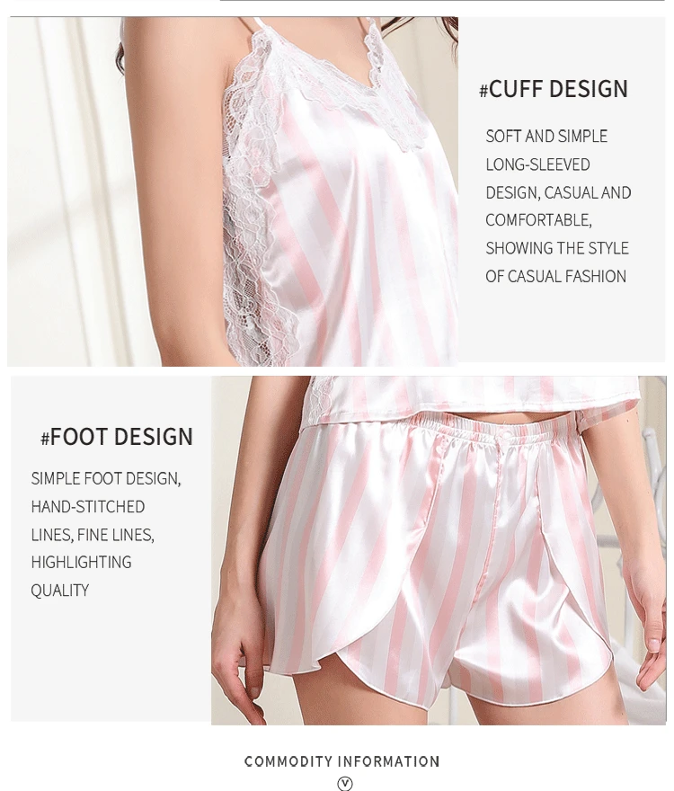 2020 New Lace Trim Satin Cami Striped Flared Shorts Loose Pajama Set Sexy Pajamas for Women