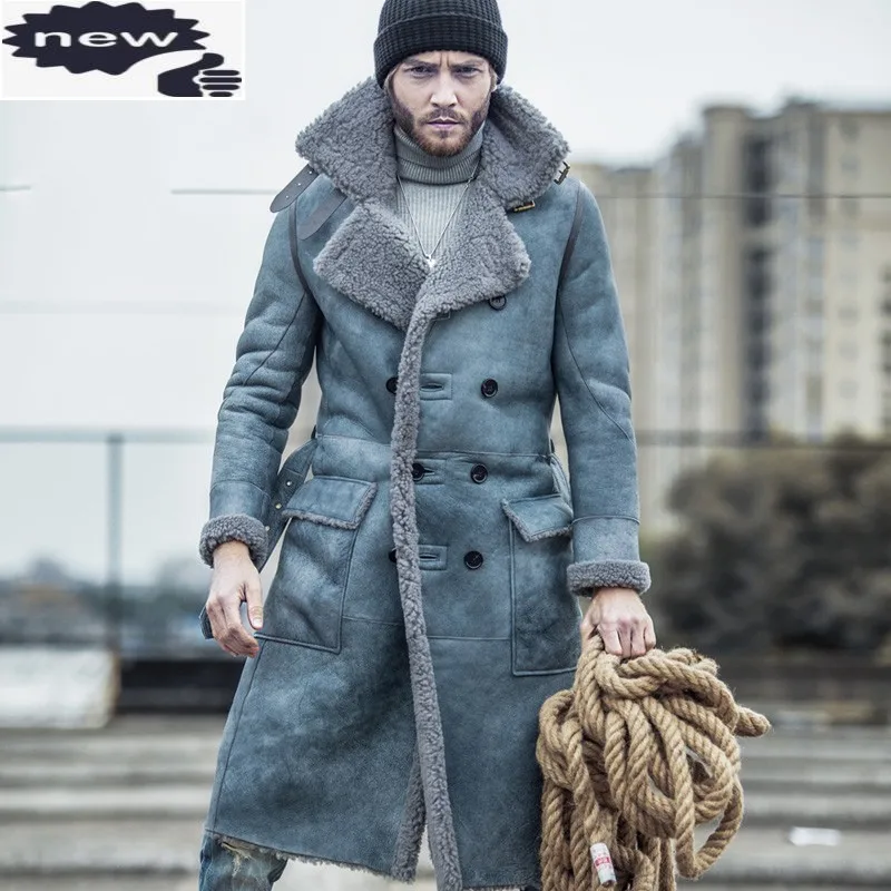 

Italy Winter Warm Mens Thicken Sheep Fur Lining Overcoat Natural Shearling Luxury 100% Genuine Leather Long Coat Military Jacket