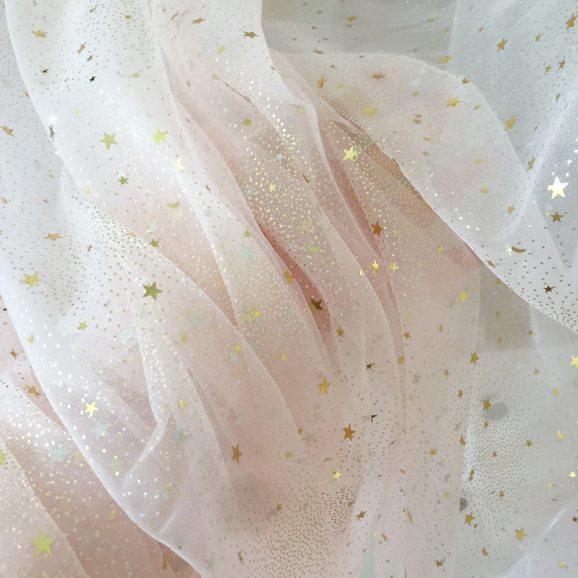 

5 Meters Flesh pink tulle gold star sequin bridal veil lace fabric , bridal gown wedding dress fabric 150cm wide
