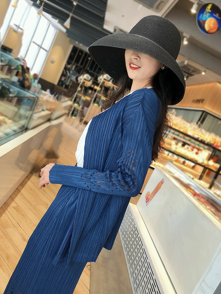 Issey плиссированные костюмы, одноцветные открытые пальто и юбка длиной до щиколотки, два предмета, Женский комплект, Новинка осени, японский стиль
