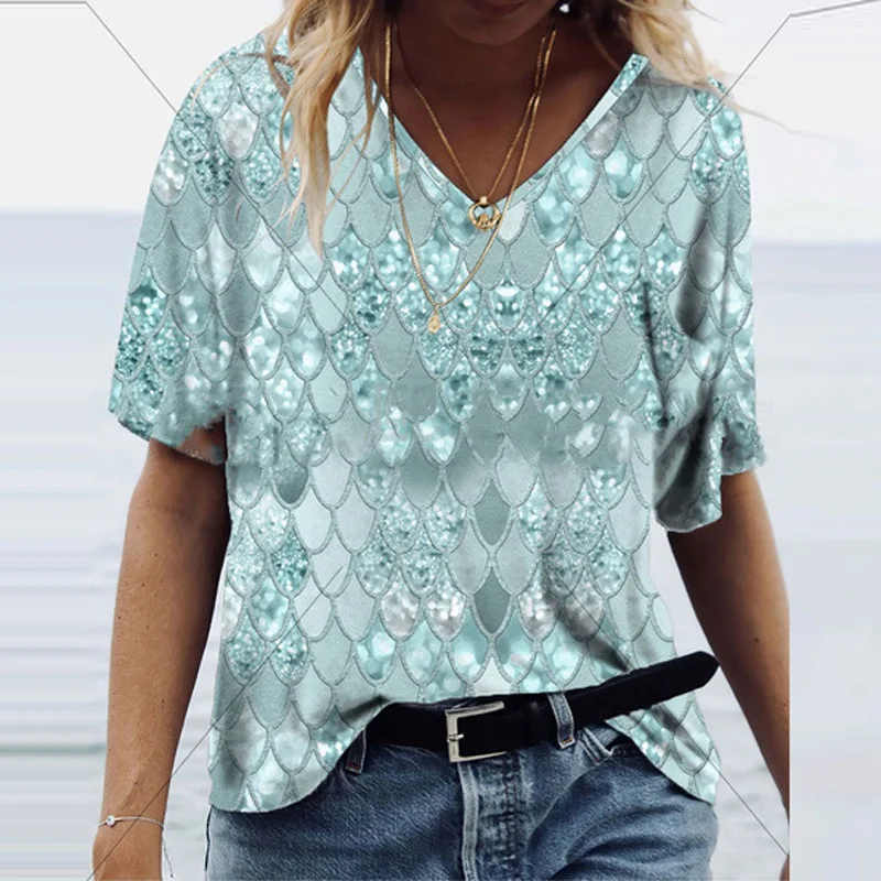 

Fashion Printed Women Blouses and Tops 2021 Spring Casual V Neck Short Sleeve Shirts Summer Loose Streetwear Beach Tops Pullover