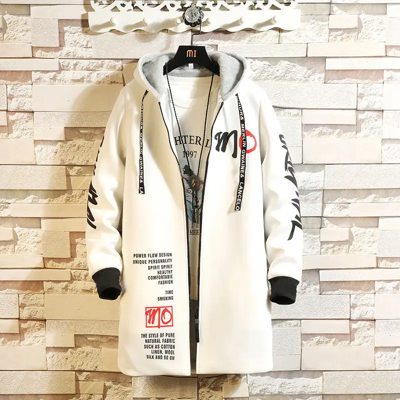 

Spring Autumn Winter Mid-Long Hoodless Windbreaker Trench Men's Youth Students Plus Velvet Thick Coat Jacket Warm Large Size