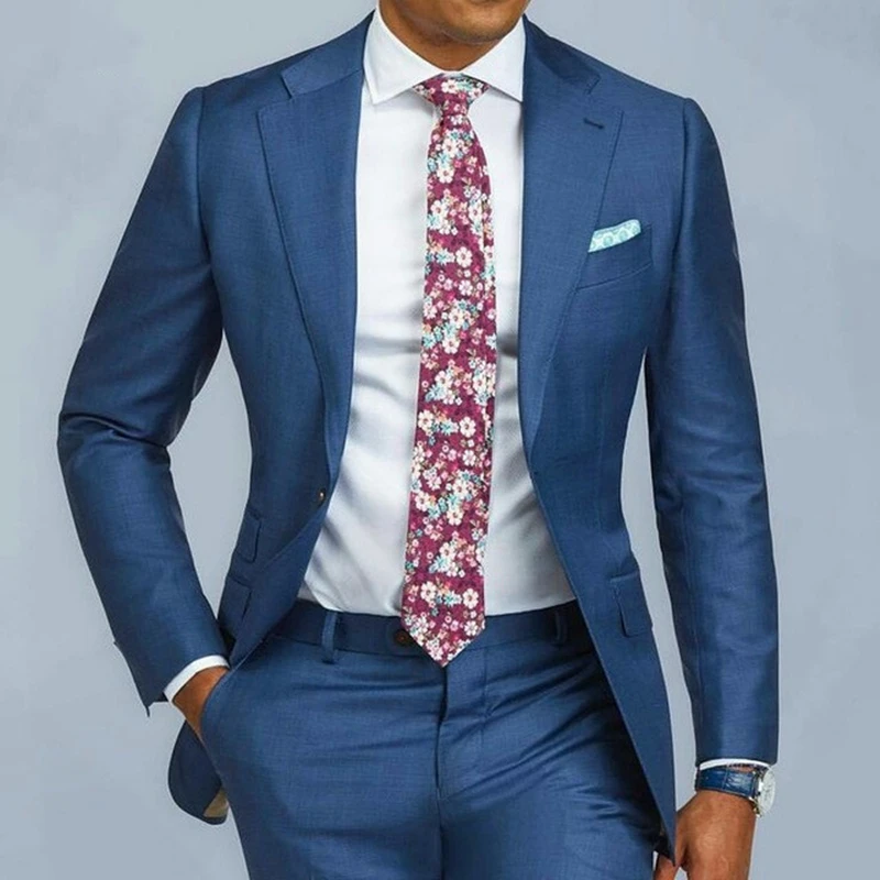 

2022 New Arrival Notch Lapel Men's Blue Suits 2 Pieces Slim Fit Custom Made Trendy Single Breasted Bridegroom Wedding Tuxedos