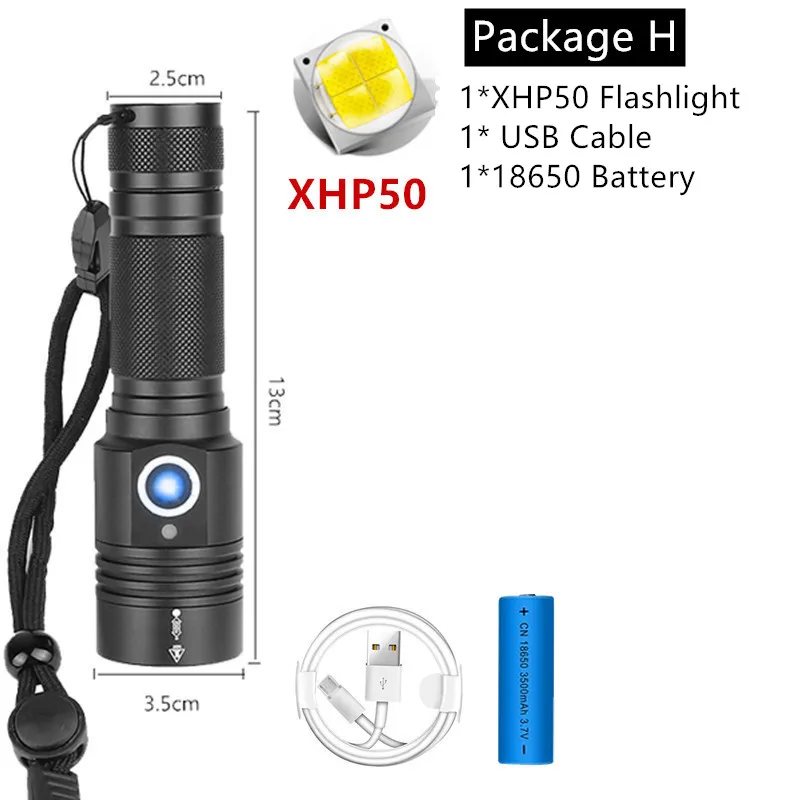 Package H Яркий XHP50 перезаряжаемый светодиодный фонарик мощный XHP70.2 фонарь P8 свет супер водонепроницаемый Zoom охотничий свет использование 18650 - Испускаемый цвет: Package H