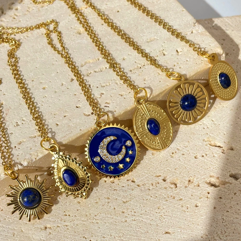 

Ожерелье Стразы из голубого камня с эмалью, луной, звездой, полым круглым геометрическим кулоном неправильной формы из нержавеющей стали, ю...