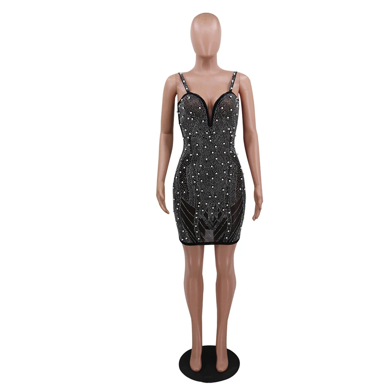

Cutubly Sheer Mesh Club Party Dresses For Women New Pearls Diamonds Sexy Bodycon Dress Deep V Neck Spaghetti Straps Mini Dresses