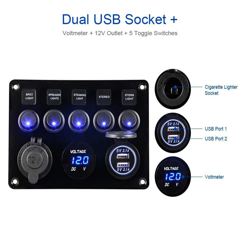

5 Gang Rocker Switch Panel 12-24V 4.2A Dual USB Charger 12V Outlet Digital Voltmeter Toggle Switch Panel for Boat Camper RV