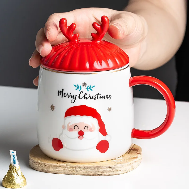 

Ceramic Mugs Santa Claus Coffee Mugs With Lid Spoon Teacup Drinking Milk Beer Tea Juice Breakfast Cup Home Bar Christmas Gifts