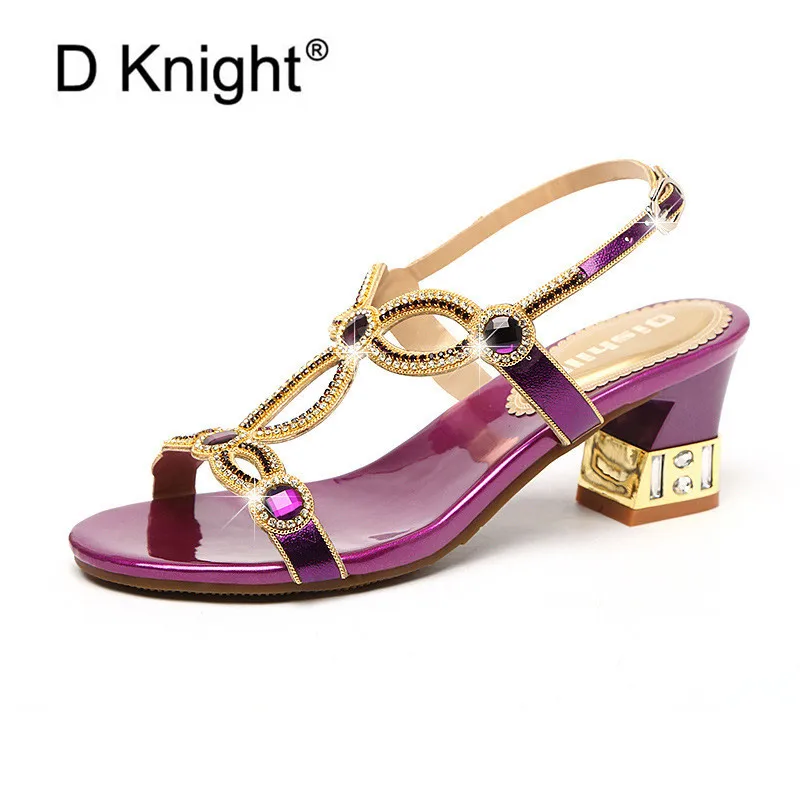 Богемные женские сандалии-гладиаторы со стразами на толстом каблуке Новинка 2020