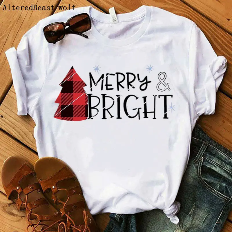 Рождественская футболка Женская клетчатая Футболка с принтом времени белая