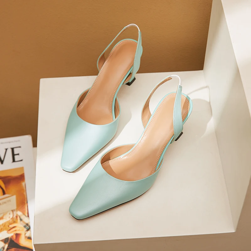 

ISNOM Women Sandals Genuine Leather Sandals Slingbacks Square Toe High Heel Sandals Casual Classic Female Summer Shoes