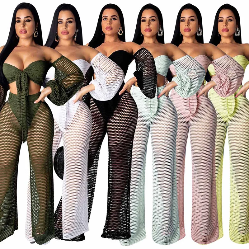 Летние модные женские открытые без бретелек с рукавами фонариками широкие брюки