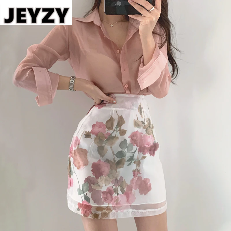 

Women Summer 2 Piece Set Sexy Transparent Long Sleeve Pink Chiffon Shirt Top + High Waist Floral Print A Line Skirts Sets