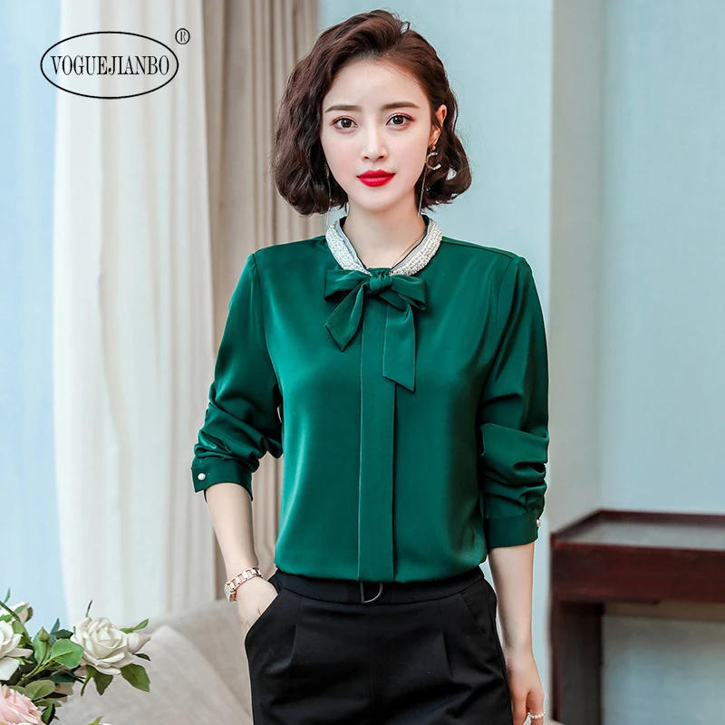 

Shirt women 2020 early spring long-sleeved shirt high-end bow European goods green chiffon shirt camisa feminina bluzka damska