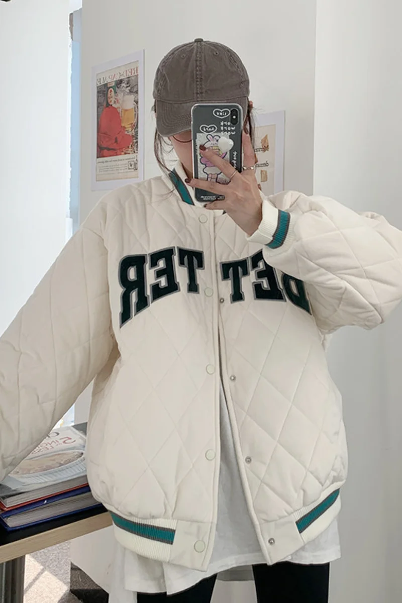 Lingge Cotton Padded Clothes Women's Autumn Winter 2021 Small Korean Loose Baseball Jacket Rac | Женская одежда